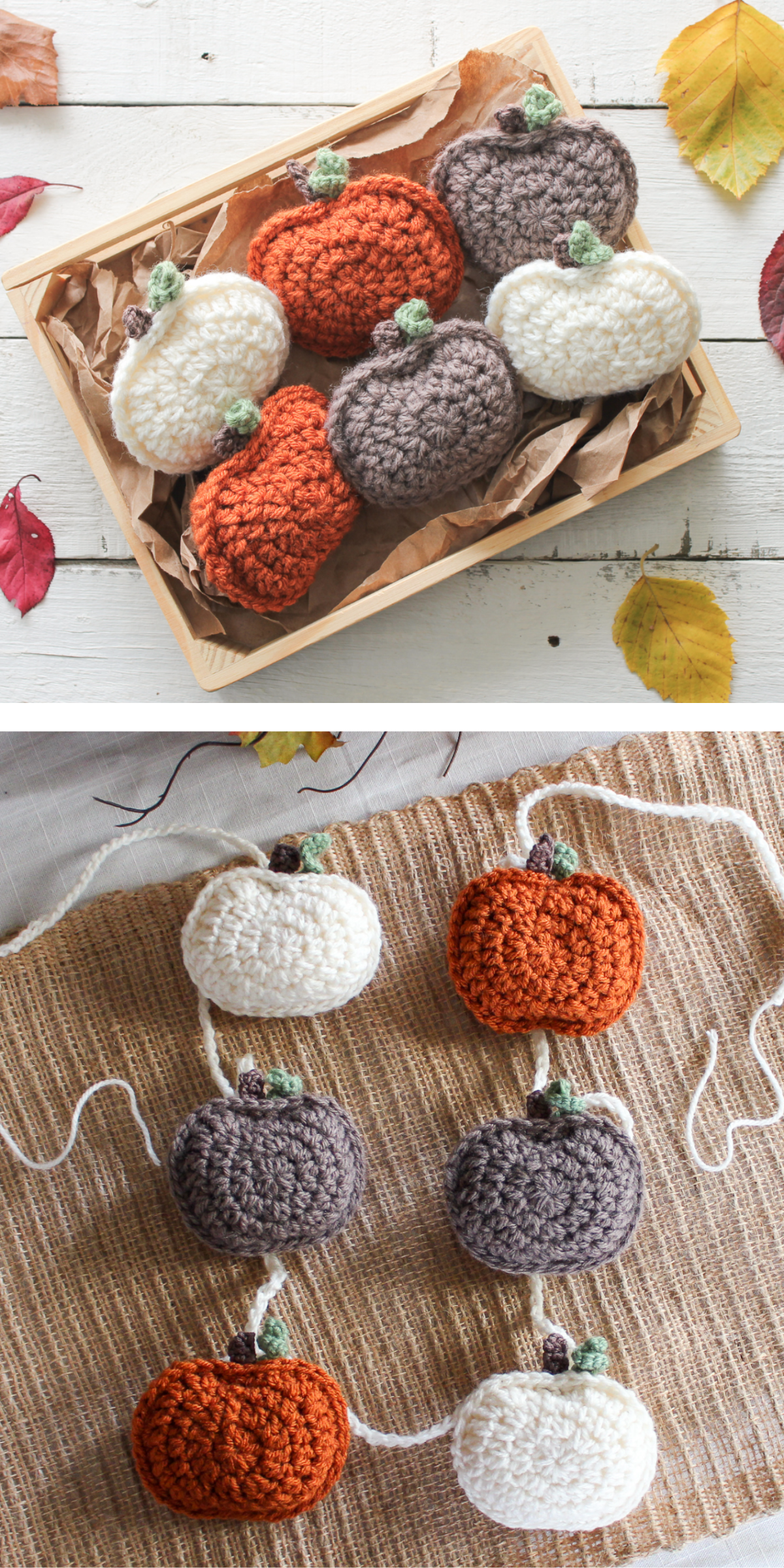 This rustic crochet pumpkin garland adds a farmhouse feel to your fall decor. With its charming little pumpkins in muted autumn tones, this garland is perfect for hanging across your mantle or along a shelf.