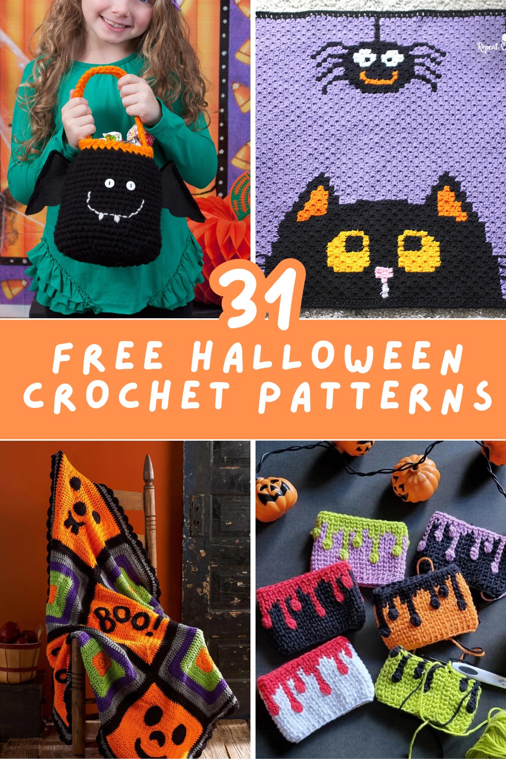 Embrace the Halloween spirit with 31 free crochet patterns! Craft Frankenstein ragdolls, cute bat toys, festive wreaths, cozy blankets, and delightful treat bags. Perfect for decorating your home and gifting handmade Halloween goodies. 🦇✨ #HalloweenCrochet #FreePatterns