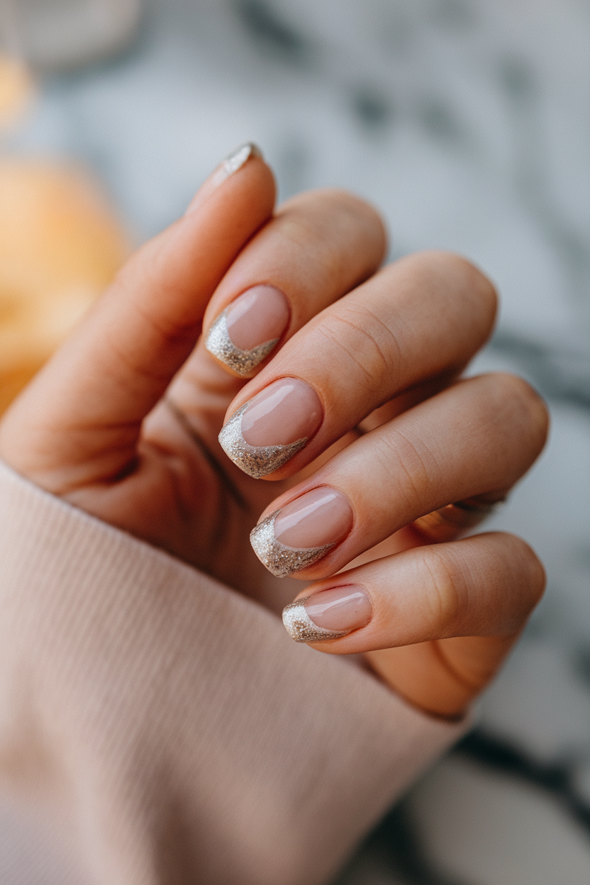 Frozen French Tips – A wintry twist on the classic French manicure, these silver-glitter tips evoke the shimmer of fresh snow.