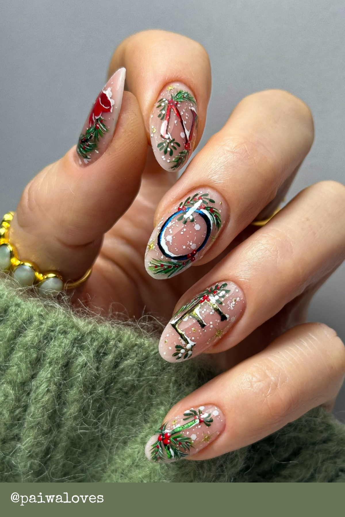 Festive Wreaths and Holly Accents: These NOEL nails combine intricate wreath designs, candy canes, and snowy accents for an elegant yet playful vibe. Perfect for your December Holiday Nails look, these designs are equal parts chic and Cool Christmas Nails!