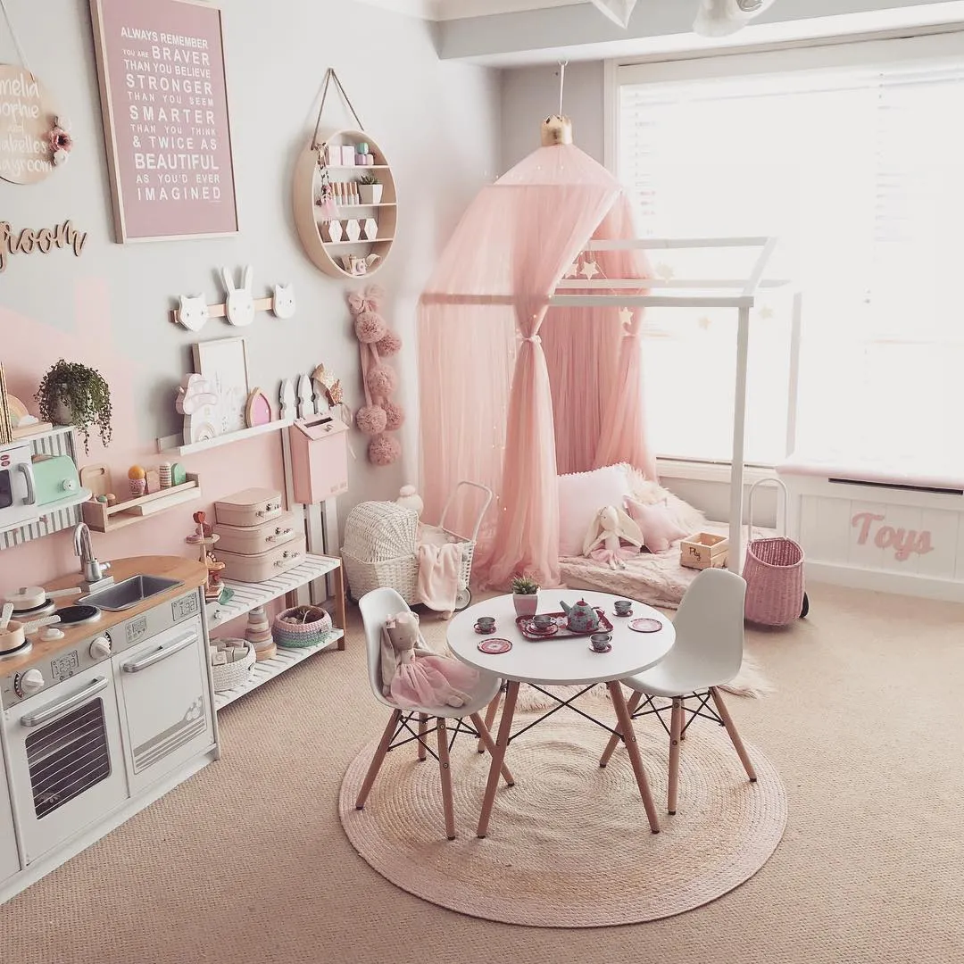 Whimsical Pink Haven – A fairytale-inspired space with a delicate canopy, mini house bed, and soft blush tones, making it the perfect spot for imaginative play.