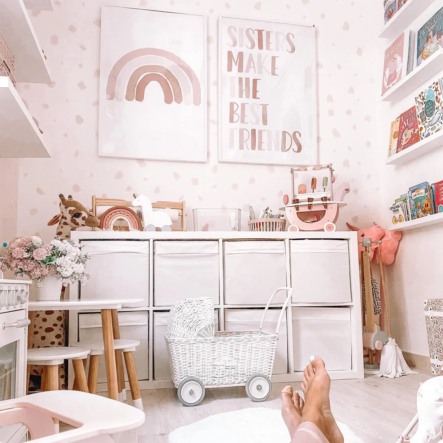 Blush & Gold Elegance – This cozy playroom pairs soft pink tones with gold accents, creating a warm and whimsical space for little ones to play, read, and create.