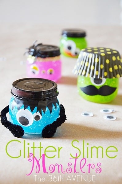 Glitter Slime Monsters - If your kids trade candy at school on Halloween why not try this instead. Adorable monster jars filled with Halloween slime!