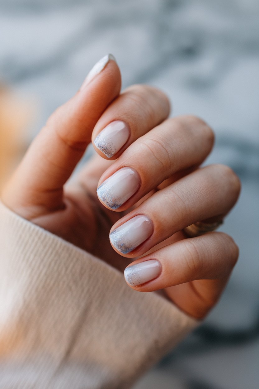 Glitter Tips – A subtle glittery tip on a nude base creates a refined and glamorous look, adding just the right amount of sparkle to your winter style.