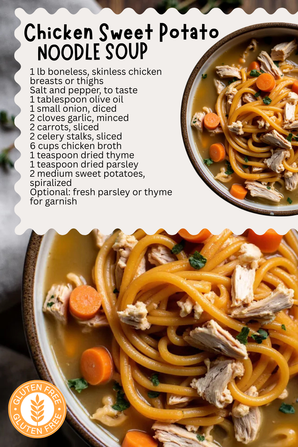 Chicken Sweet Potato Noodle Soup gives classic chicken noodle a healthy, gluten-free upgrade by swapping pasta for vibrant spiralized sweet potato noodles. Juicy shredded chicken, tender sweet potato spirals, and a savory, herb-infused broth create a cozy, nourishing soup that’s perfect for busy weeknights or meal prep.