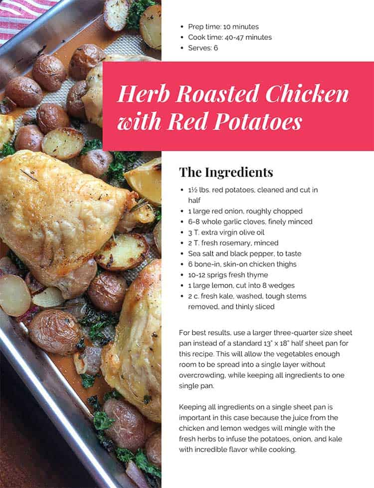 These Herb Roasted Chicken with Red Potatoes are gluten free, made with whole foods, and cook in a sheet pan. Super simple supper coming up! #sheetpan #chicken #glutenfree