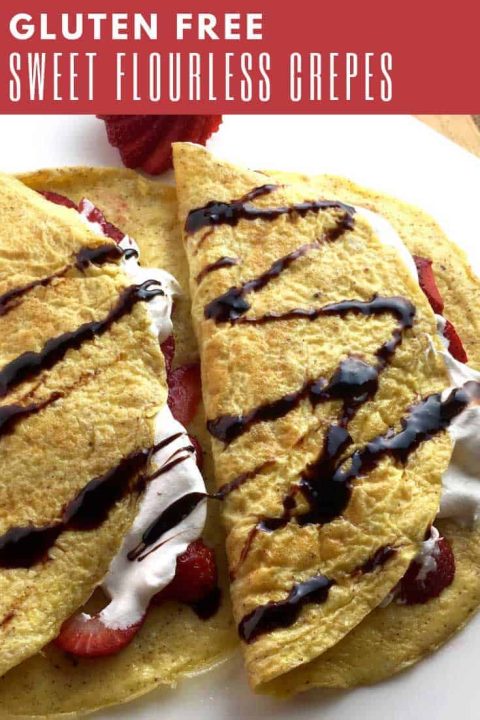 These gluten free flourless crepes are delicious wrapped around fresh strawberries and drizzled with a maple whipped cream!
