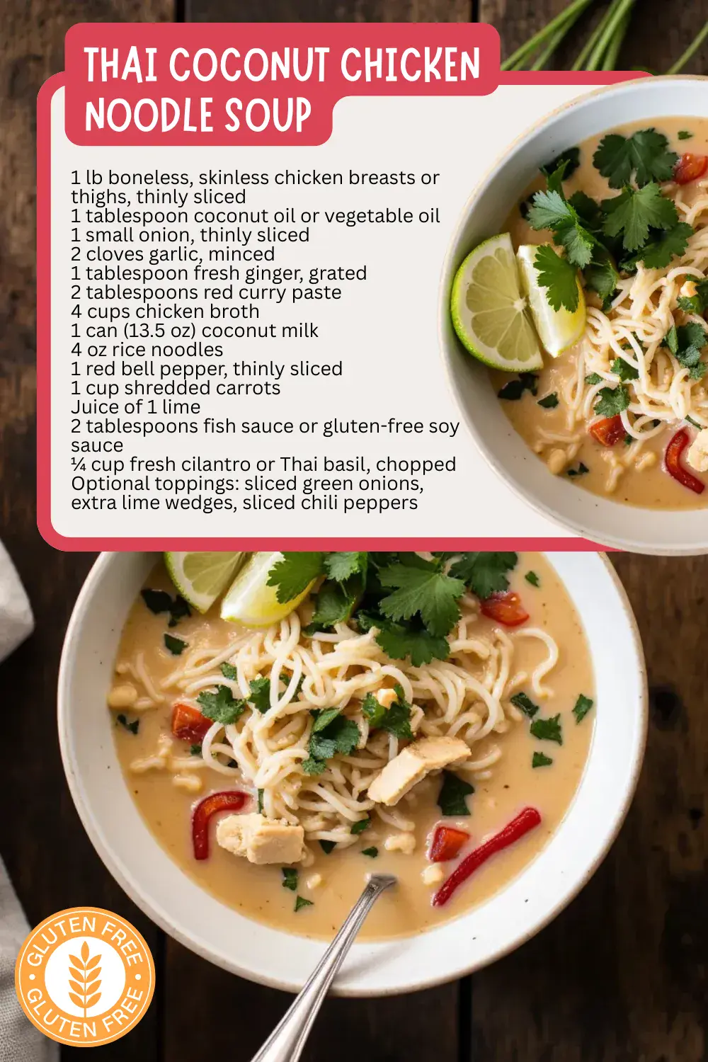 This Thai Coconut Chicken Noodle Soup is creamy, aromatic, and naturally gluten-free thanks to tender rice noodles simmered in a silky coconut milk broth. Fragrant with red curry, ginger, garlic, and lime, it’s packed with juicy chicken, fresh veggies, and herbs—bringing Thai-inspired comfort right to your kitchen.