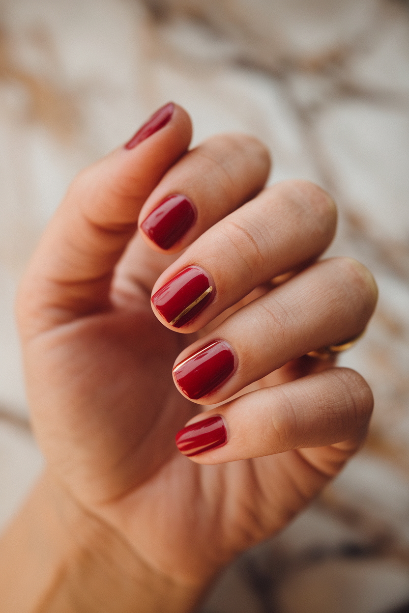 Gold Accent – Bold and festive, this classic red manicure with a touch of gold adds an elegant flair to any winter ensemble, making it perfect for holiday parties.