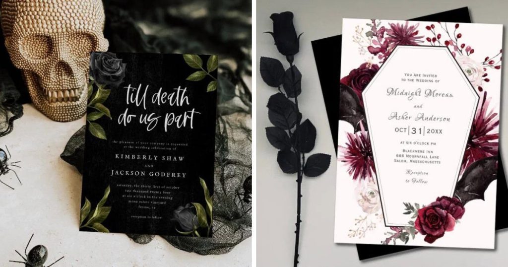 ?️ Are you planning a bewitching October wedding? Elevate your celebration with Halloween-themed wedding invitations that capture the essence of dark romance. From eerie skulls to elegant coffins and moody floral designs, these invites will set the perfect tone for your special day. Whether it’s a hauntingly beautiful theme or the classic "'Til Death Do Us Part," your guests will be spellbound from the moment they open their invite. ?? #HalloweenWedding #DarkRomance