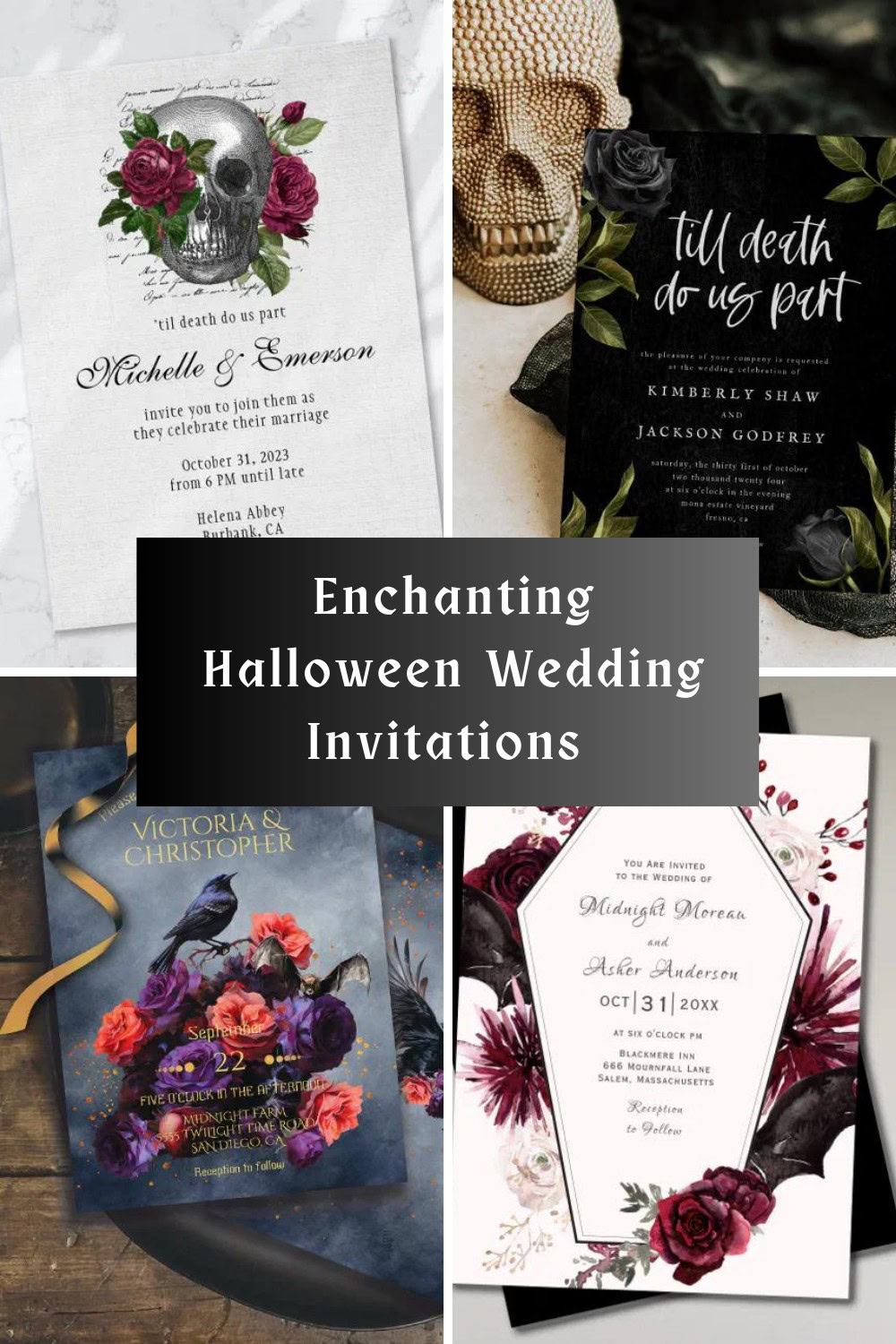 🖤 Dreaming of a Halloween wedding full of dark romance? Look no further! These unique invitations, adorned with skulls, coffins, and other gothic elements, bring a touch of spook to your special day. Whether you’re into moody florals or a classic "'Til Death Do Us Part" theme, these invites are perfect for setting the scene for your unforgettable October wedding. 🎃💌 #SpookyRomance #GothicBride