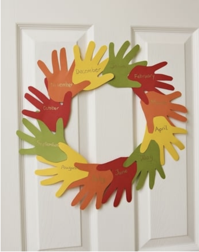 Who doesn’t love a cute holiday wreath? This one is made from handprints that list what each child is thankful for. It’s easy to create and makes a festive decoration for doors or walls, combining creativity with a touch of gratitude.