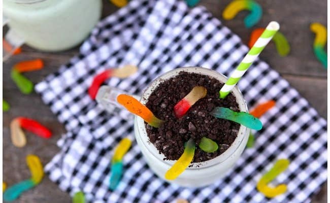 Halloween Milkshake with Gummy Worms - You can't go wrong with a Halloween Milkshake filled with wiggly worms and mud!