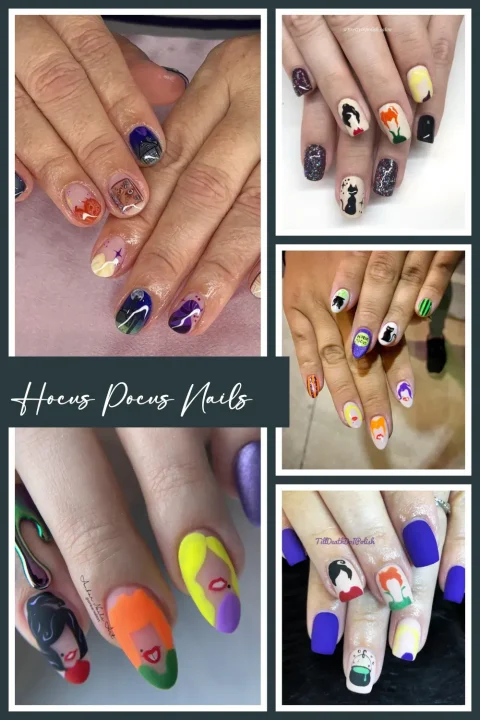 Bring a little Salem sass to your mani! ?‍♀️? These Hocus Pocus nail designs feature the Sanderson Sisters, black cats, bubbling cauldrons, and plenty of sparkle — perfect for movie nights or Disney Halloween trips. ✨ #HocusPocusNailArt #HalloweenMani #DisneyWorldNails #SpookyVibes