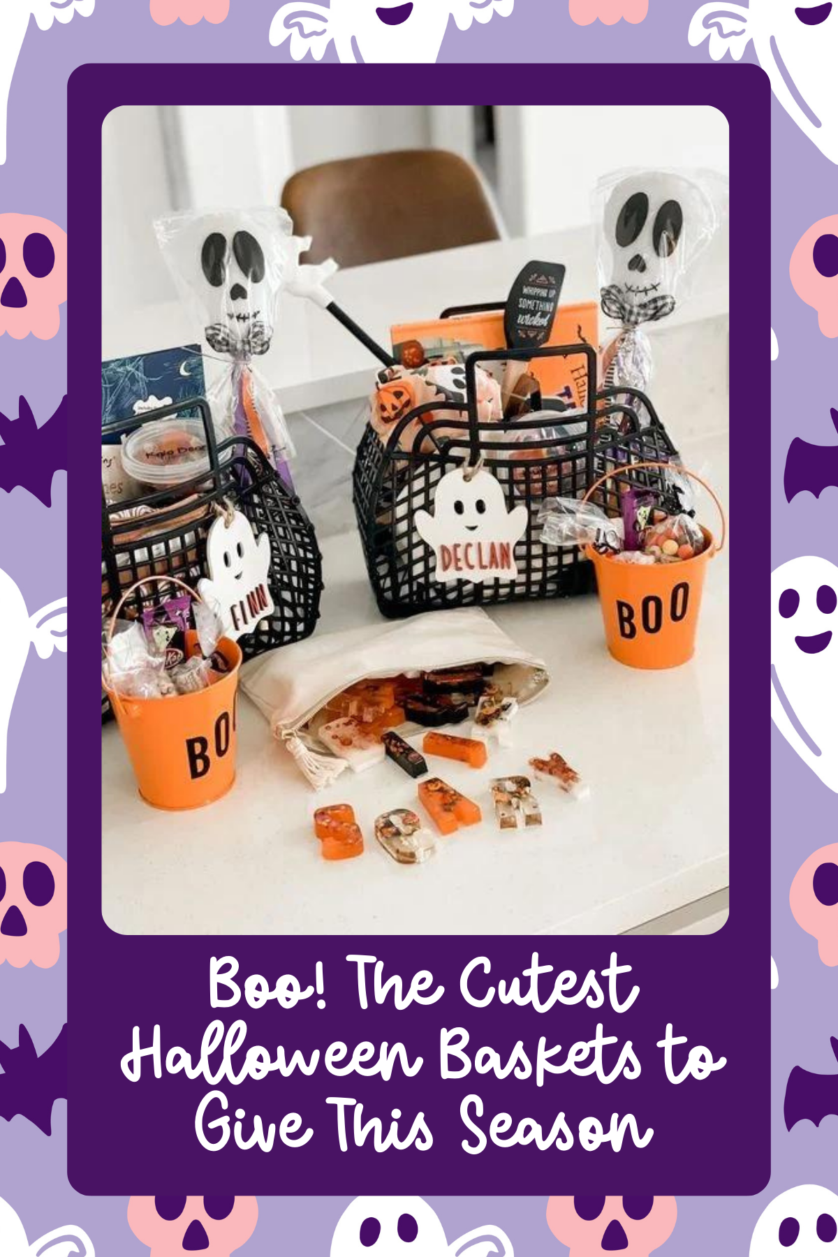 Ghostly Treat Baskets for Kids – Three custom baskets featuring ghost name tags and a variety of candy and snacks, ideal for a kid-friendly Halloween gifting experience!