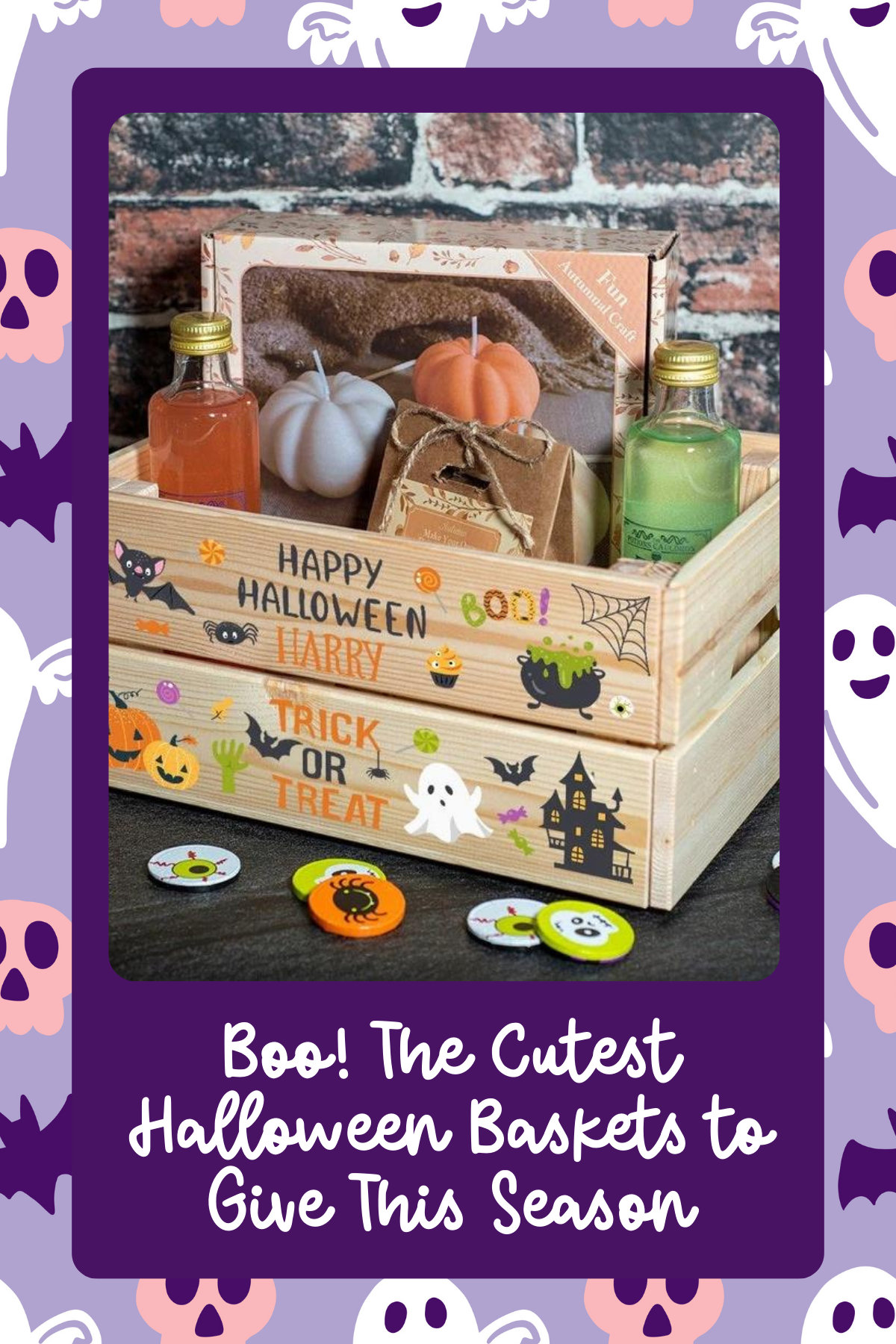 Halloween Crate of Crafts & Candles – A wooden crate filled with pumpkin candles, DIY craft kits, and autumnal goodies, perfect for a cozy fall-themed Halloween surprise.