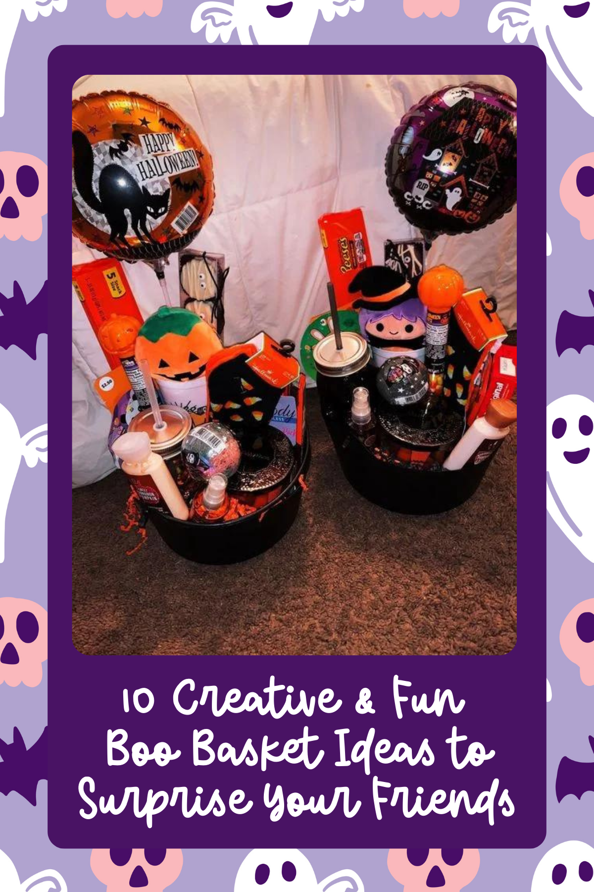 Double Trouble Treat Buckets – These twin black buckets are stuffed with goodies like candy, cozy socks, and Halloween balloons, offering a fun and festive vibe for a double surprise!