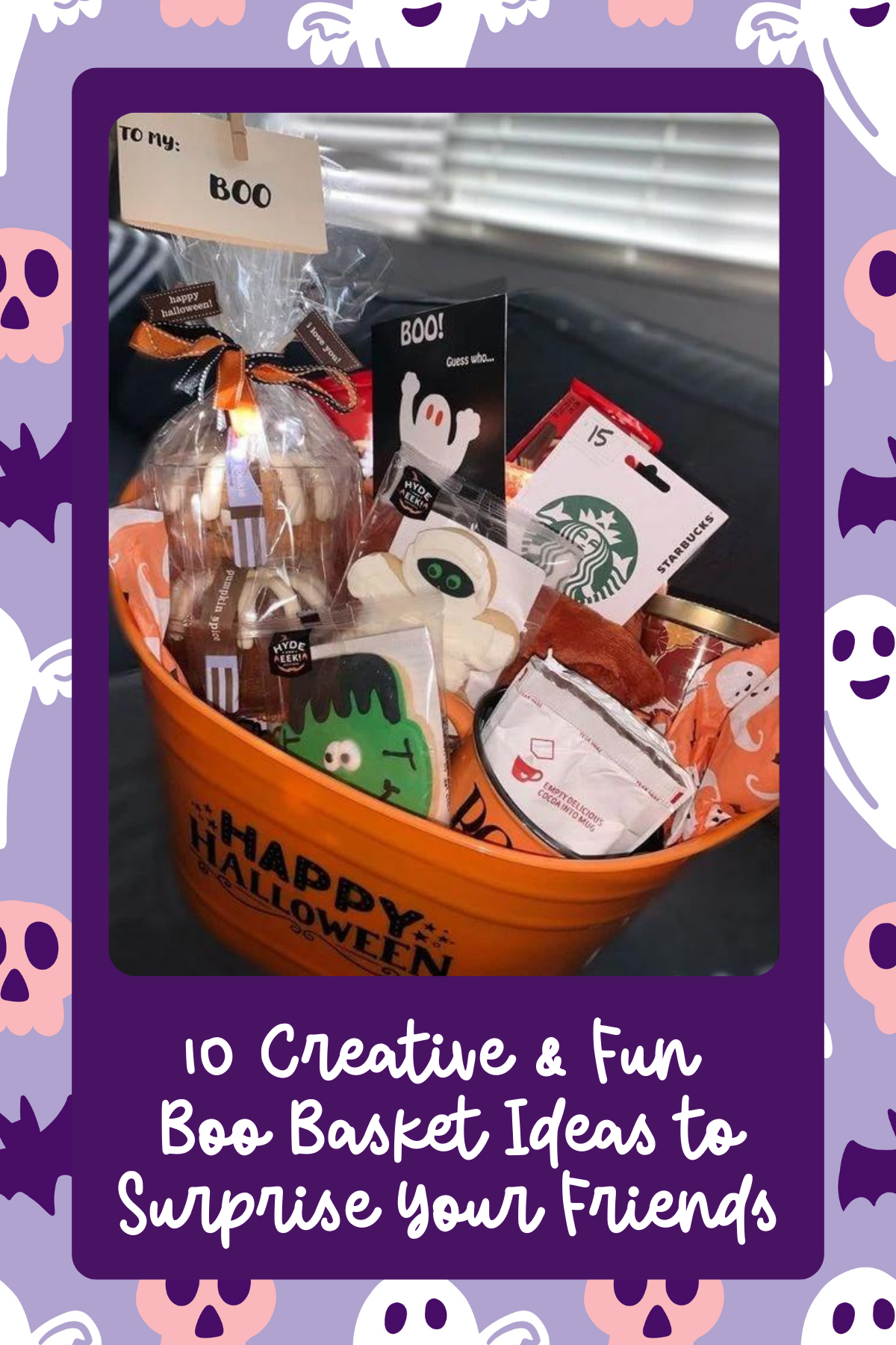 Boo Basket with Starbucks Goodies – This orange bucket is loaded with themed snacks, a Starbucks gift card, and ghostly treats, wrapped beautifully with a “Boo” tag for a complete Halloween treat package!