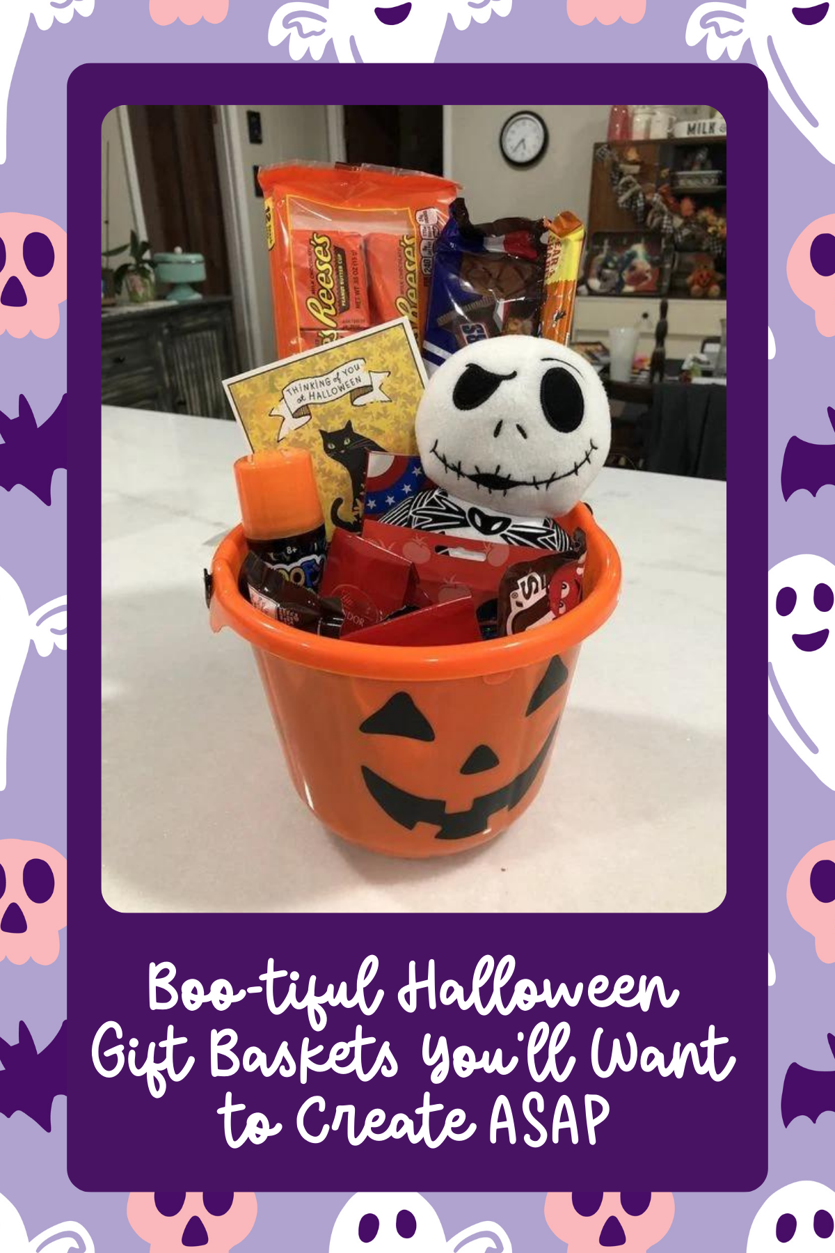 Pumpkin Pail with Jack Skellington – This classic orange pumpkin bucket is packed with Halloween candy and a Jack Skellington plush, perfect for adding a spooky yet fun element to the gift!