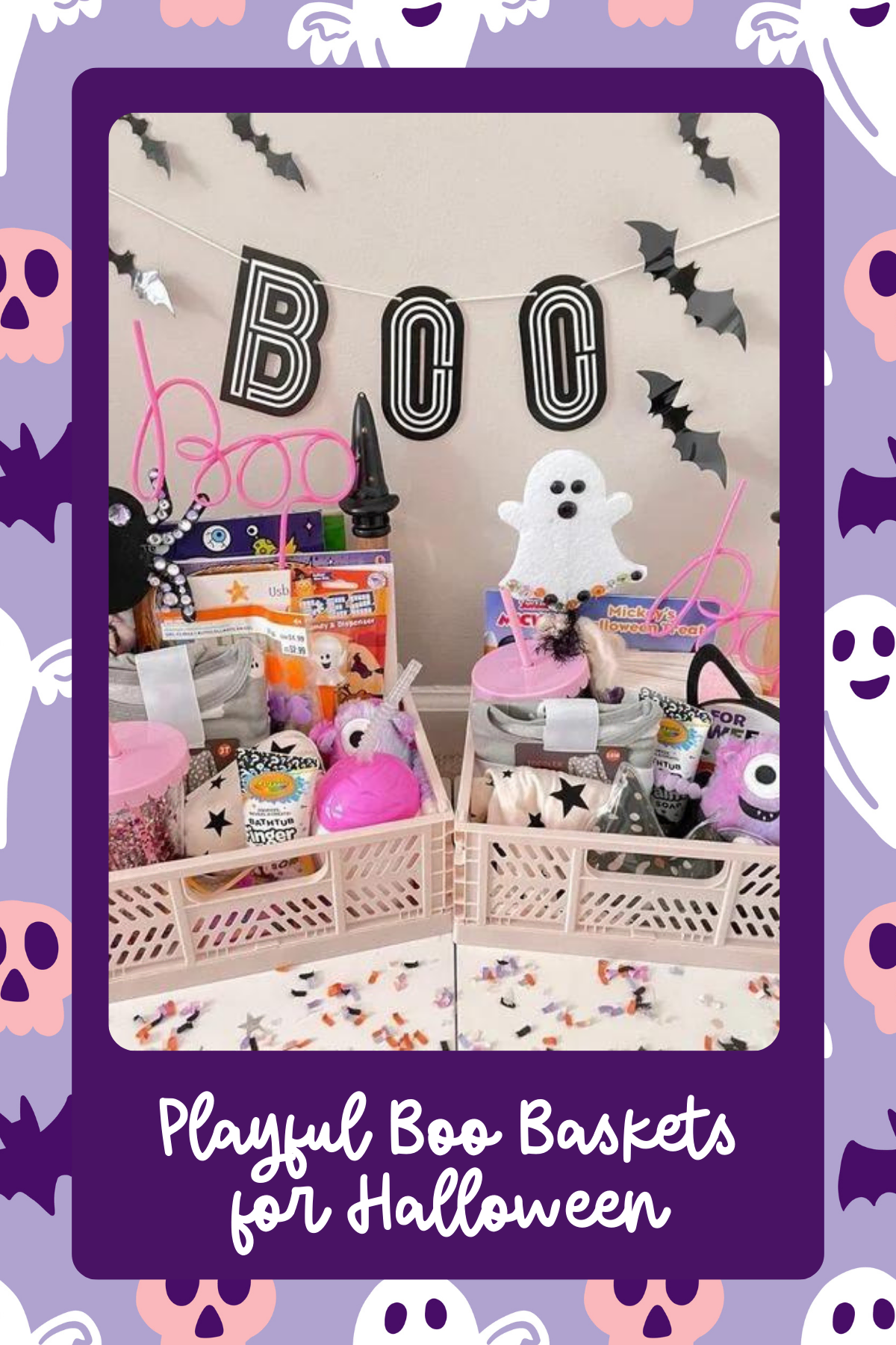 Playful Boo Baskets – With playful ghost and monster toys, themed cups, and bright pink accessories, these baskets are perfect for kids to enjoy a cute and spooky Halloween adventure.