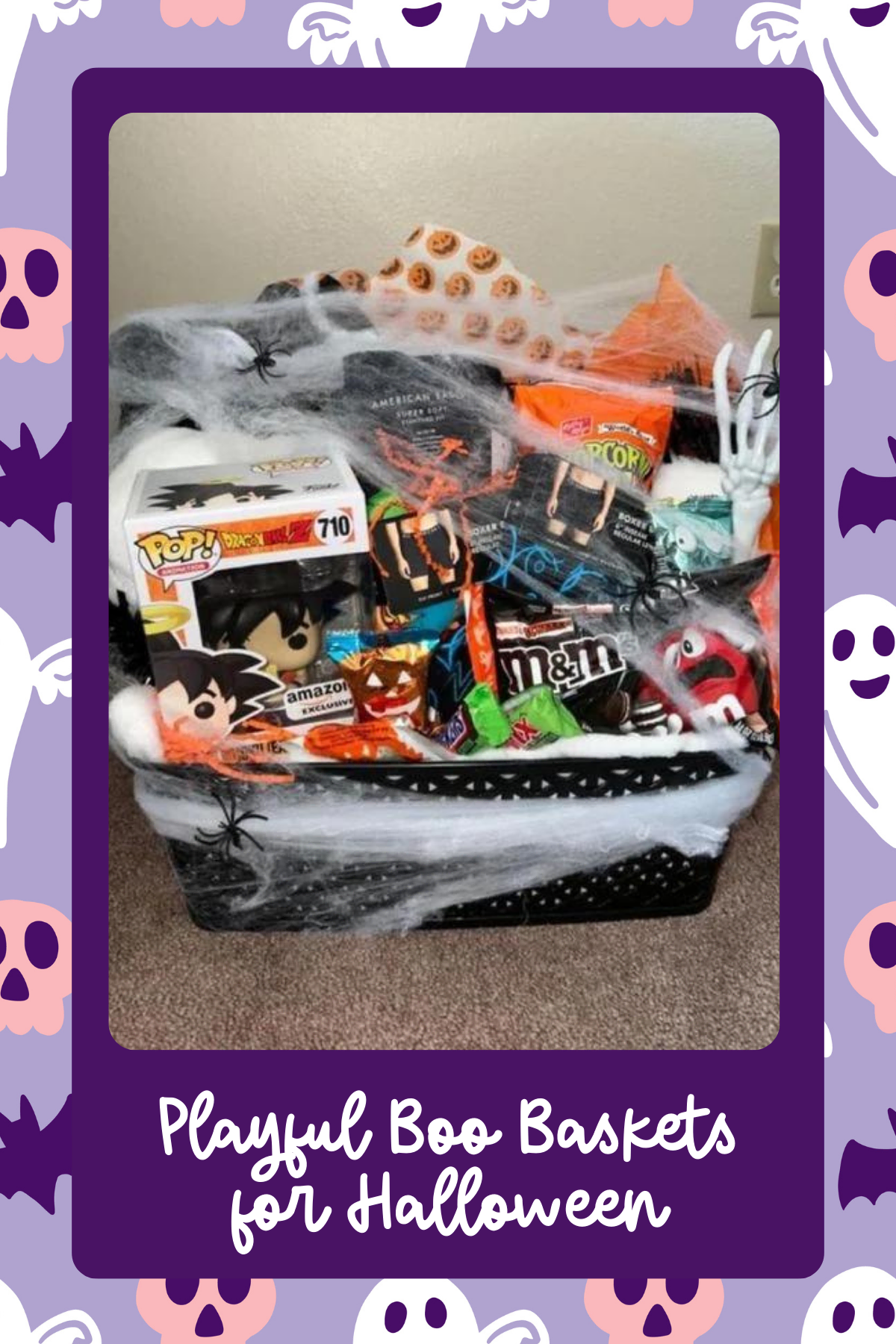 Dragon Ball Z & Snacks Galore – A Halloween basket wrapped in cobwebs and filled with a Funko Pop, snacks, and Halloween treats, great for anime fans who love spooky season!