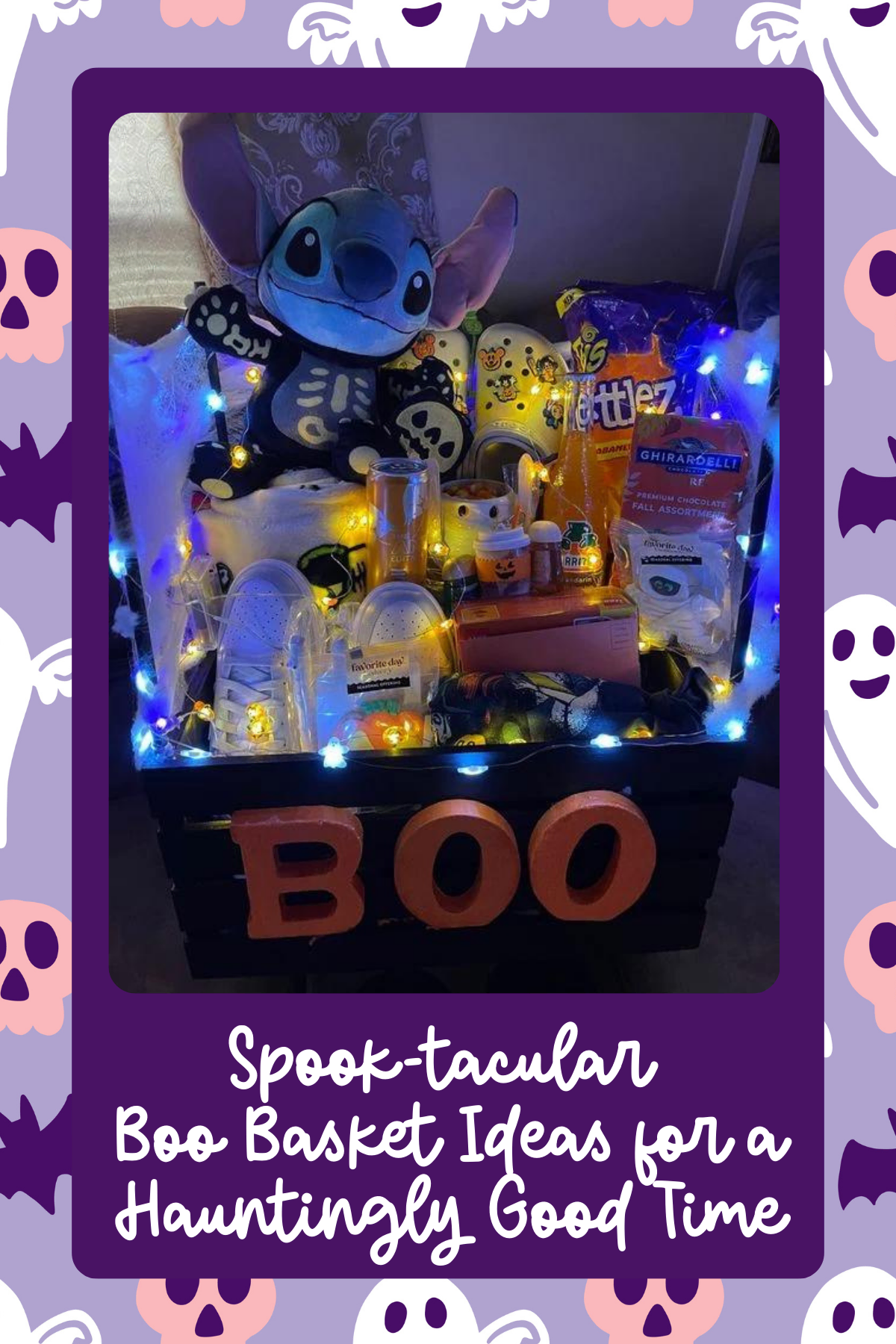 Stitch Spooky Basket – Featuring a glowing Stitch plush, cozy lights, and festive treats, this basket is perfect for anyone who loves a mix of Disney magic and Halloween fun.