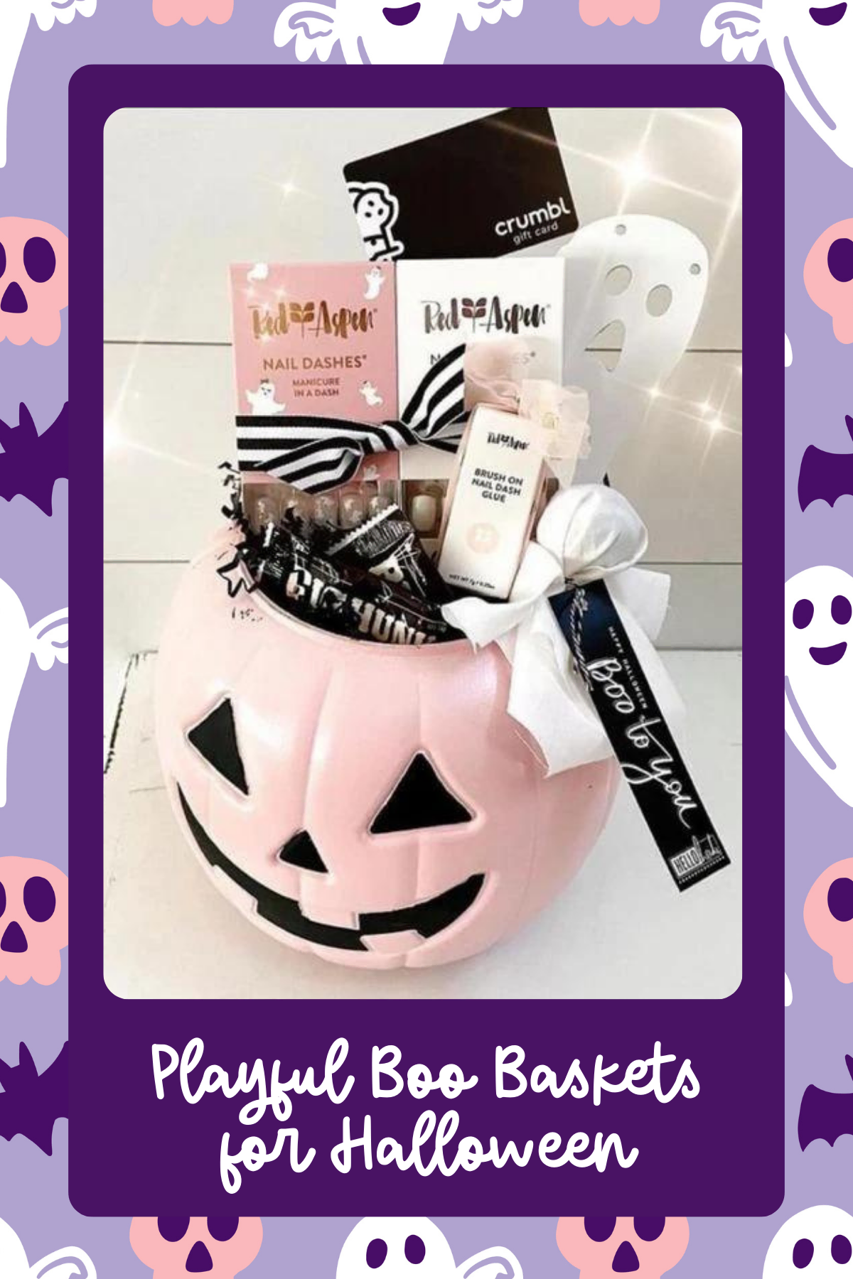 Glam Boo Basket – This chic pink pumpkin is packed with nail dashes, a Crumbl gift card, and glam accessories, making it perfect for a girly and stylish Halloween pampering session.