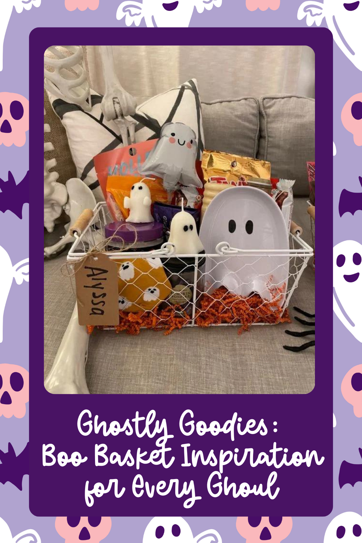 Ghostly Goodies Basket – With adorable ghost candles, a themed plate, and candy galore, this basket brings a lighthearted and sweet touch to Halloween, perfect for a cozy night in.