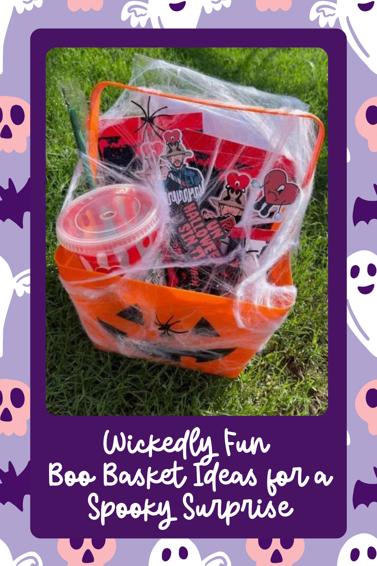 Spider Web Surprise – Wrapped in faux spider webs, this pumpkin bucket is filled with Halloween movie night essentials, making it the ultimate spooky treat!