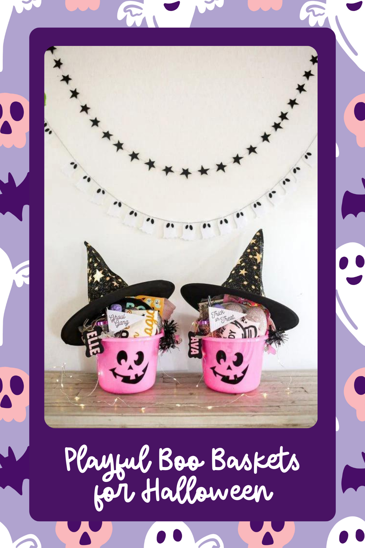 Pink Witch Hat Boo Buckets – These adorable pink pumpkin pails are topped with glittery witch hats and filled with girly Halloween goodies, adding a fun and chic twist to the Halloween festivities!