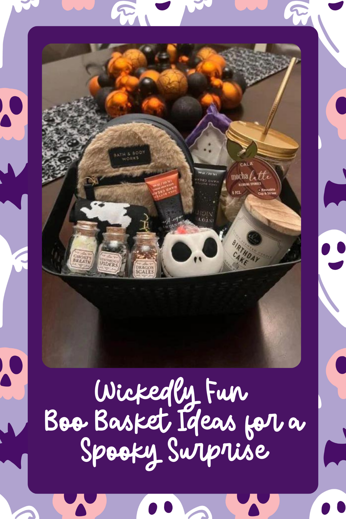 Cozy & Cute Boo Basket – Filled with luxury items like a Bath & Body Works fuzzy pouch, candles, and a mocha latte mix, this basket is perfect for a cozy night in with a spooky twist.