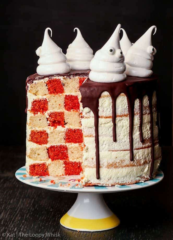 Spookalicious Checkerboard Gluten Free Halloween Cake with Marshmallow Ghosts