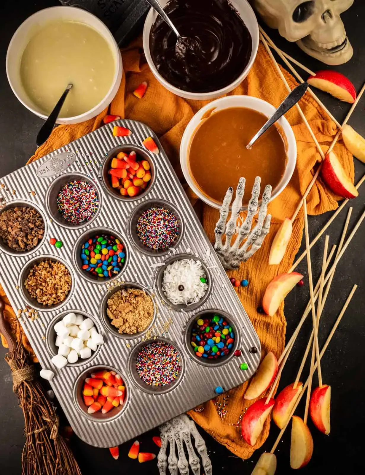 Set up a DIY caramel apple bar with apple slices, melted chocolate and caramel, and a tray full of colorful toppingsâmess-free, customizable, and a total party win.