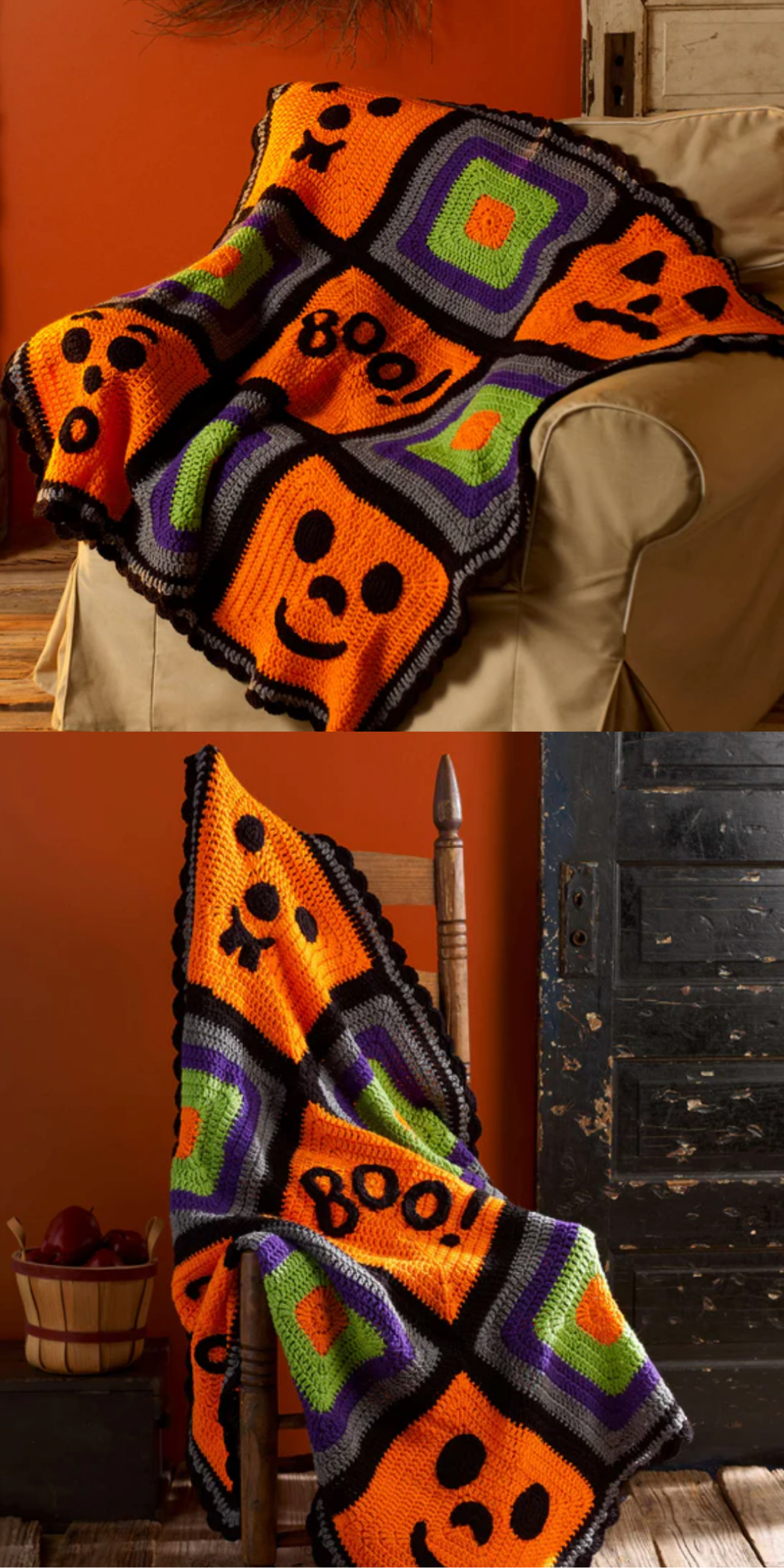 Make Halloween more memorable with this crochet throw that adds a touch of whimsy to your festive décor. The funny pumpkin faces are combined with a "BOO!" center square to make everyone smile. Use customary shades for an authentic look, but of course, with Red Heart Super Saver it's easy to be unconventional with over 100 colors to choose from!