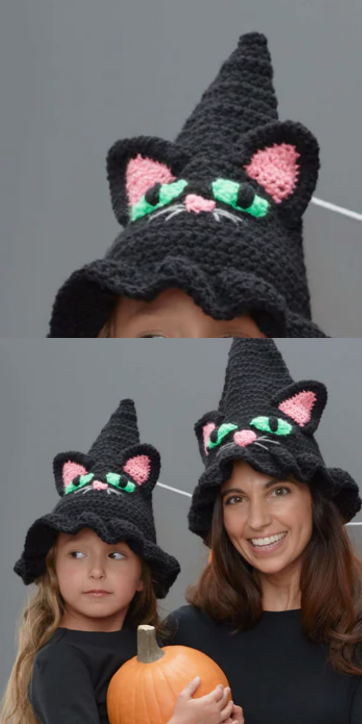 Top off your witch's costume with a playful and inventive hat that's perfect for Halloween! Cat eyes and nose are appliqued on and embellished with easy embroidery, in Red Heart Super Saver. The hat itself is a customary black, but feel free to use any color you prefer. Crochet in 4 available sizes, so you can fit even baby witches!