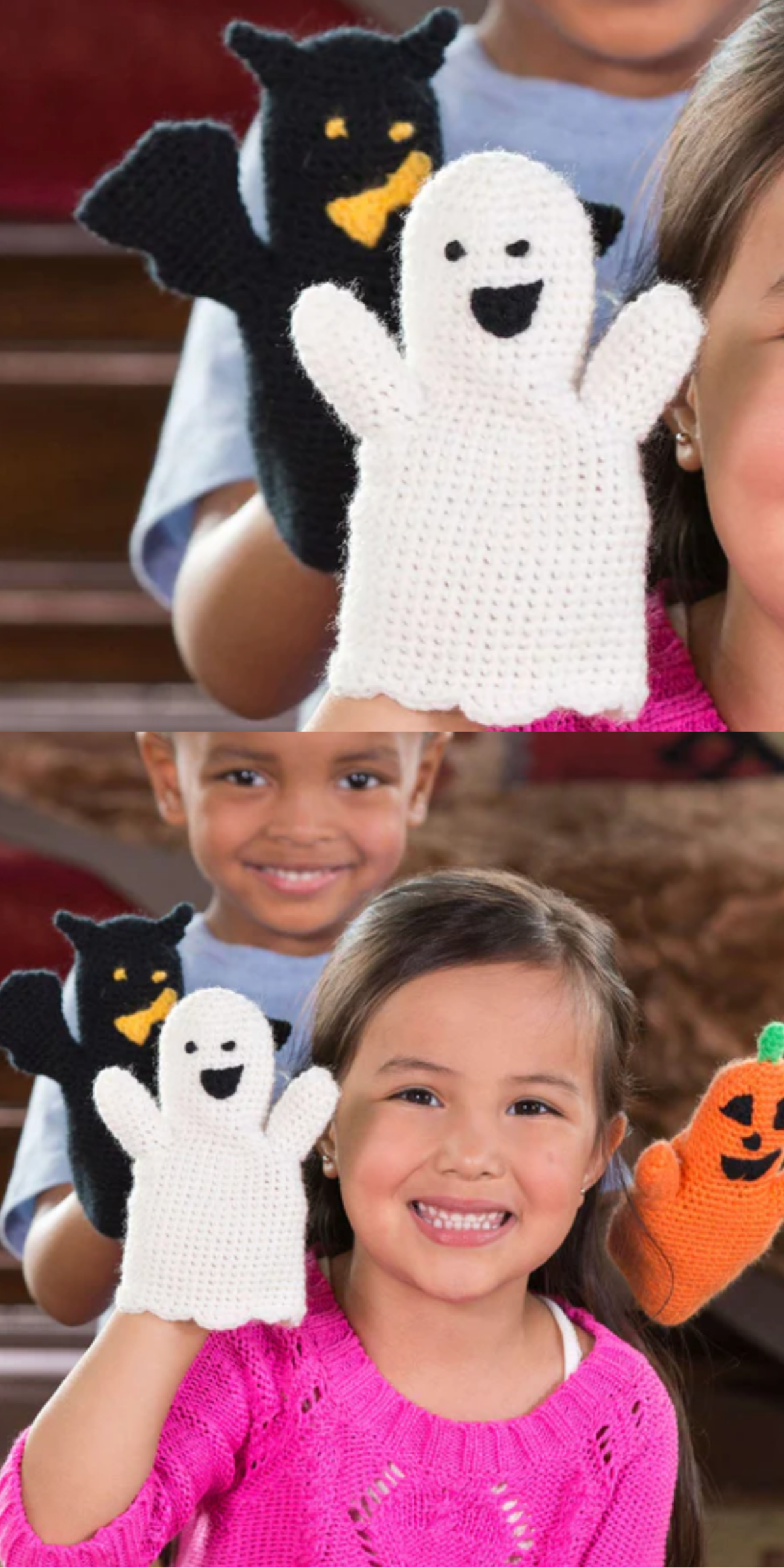 Enjoy creative playtime with this set of Bat, Ghost and Pumpkin puppets.