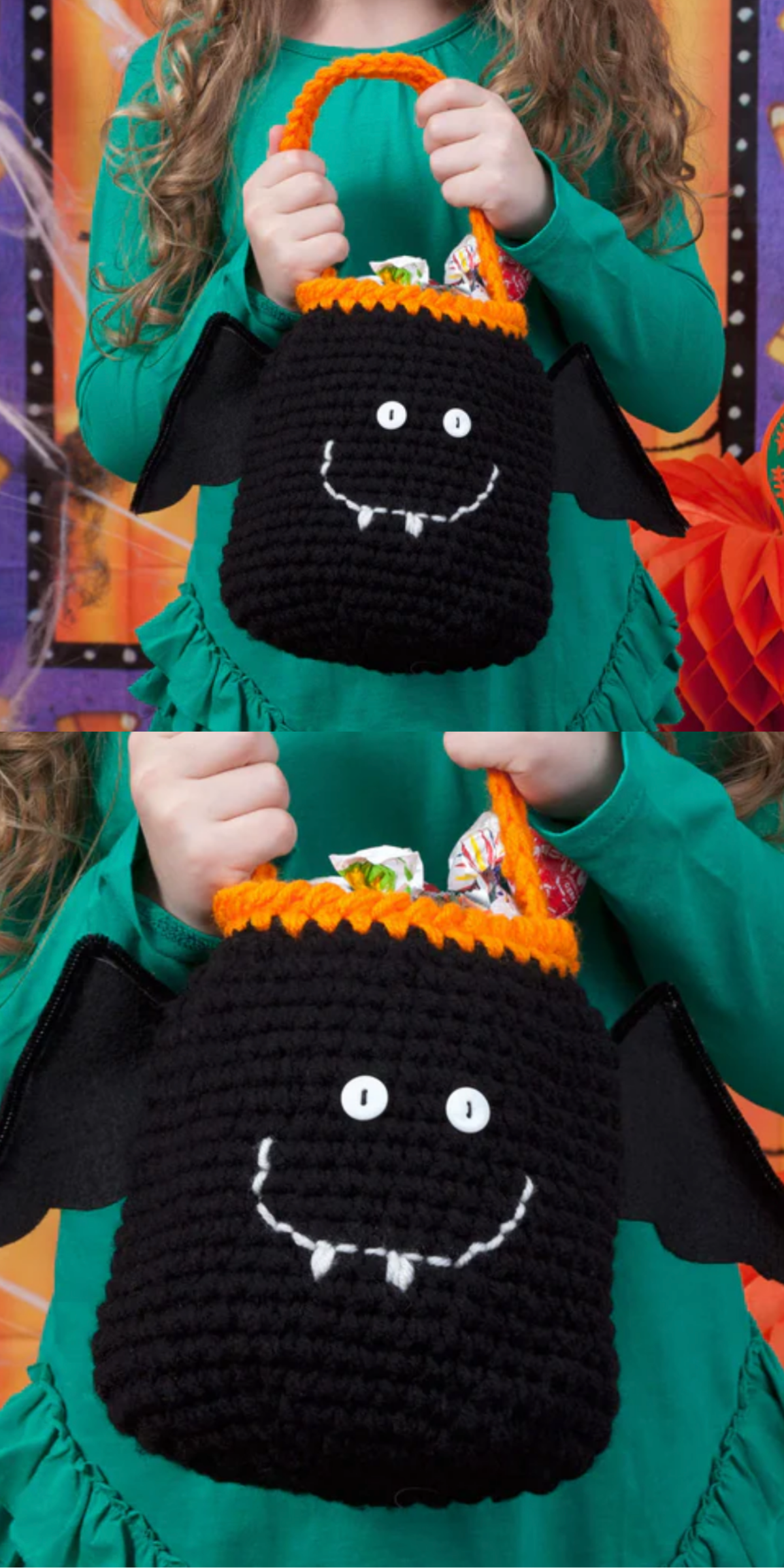 Perfect for filling with candy as youngsters go door to door, this whimsical bag is fun to crochet.