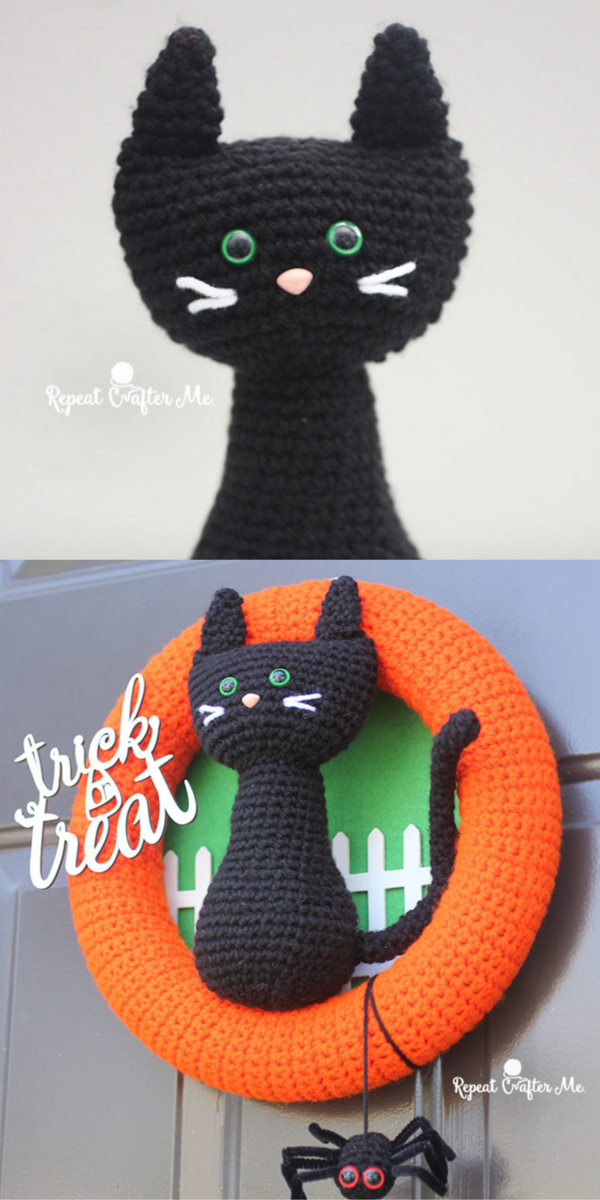 This Black Cat wreath is made with a combination of crochet elements and crafty bits you can pick up from the local craft store.