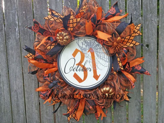 Halloween Deco Mesh Wreath with October 31 Wooden Sign