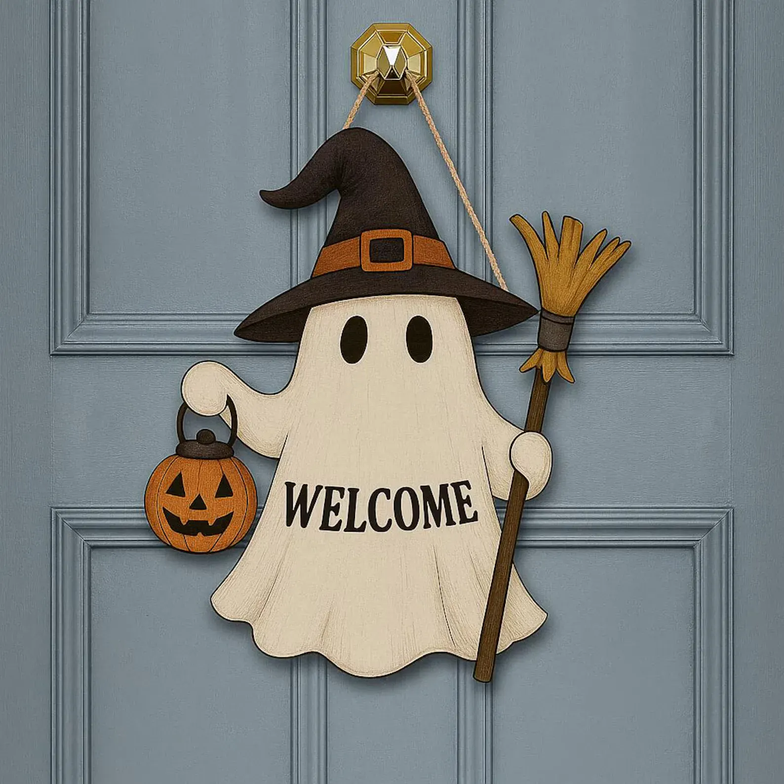 Who could resist being greeted by this friendly little ghost? 👻🎃 Perfect for your front porch, entryway, or even inside your home, this handcrafted wooden sign doubles as a warm welcome and a festive Halloween decoration. Made from sturdy plywood with a clear, vibrant print, it comes ready to hang with strong jute twine. The witchy hat, broom, and pumpkin details make it both spooky and sweet—just right for setting the tone for trick-or-treaters or fall gatherings. A cheerful piece of décor you’ll be excited to bring out every October! 🍂✨