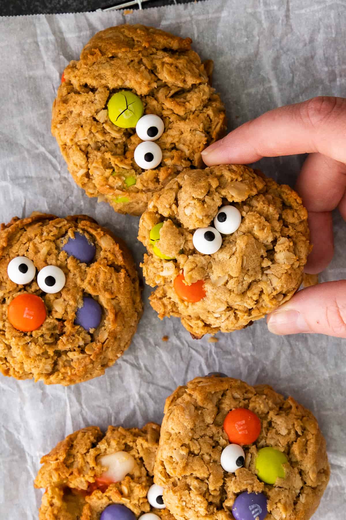 Packed with oats, candy eyes, and colorful Halloween M&Ms, these monster cookies are chewy, chunky, and adorably goofy. They're a perfect mix of spooky and sweetâplus, kids will love helping decorate the âfaces.â