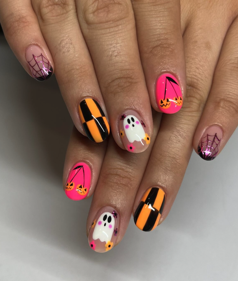 Bright & Bold Boo – Neon pink and orange paired with ghosts, pumpkins, and glittery webs for a fun Halloween pop.