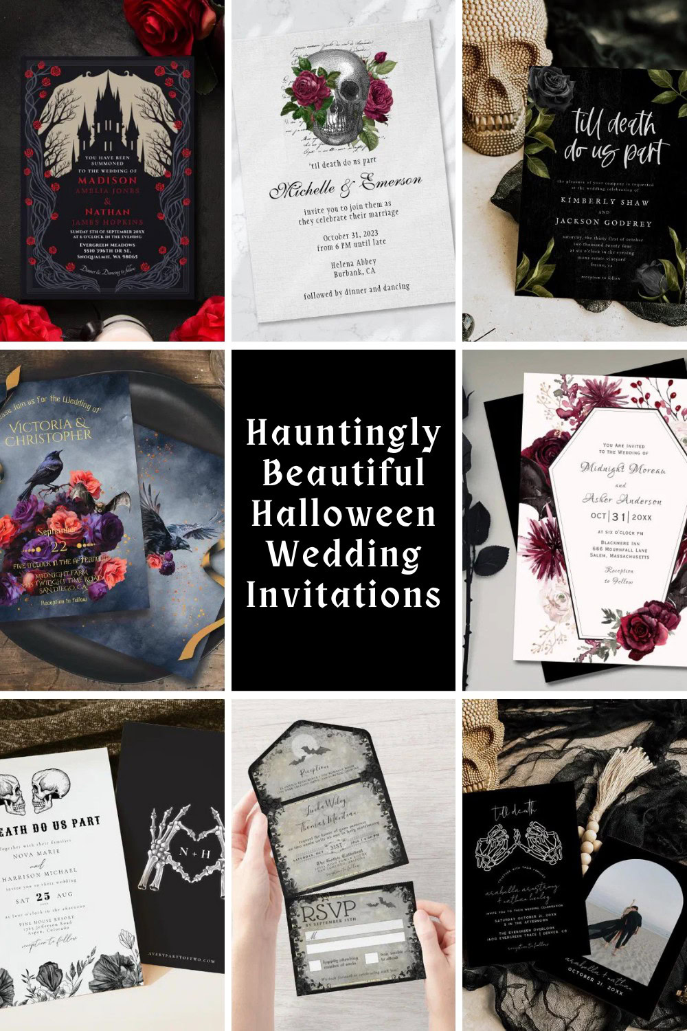 🕸️ Are you planning a bewitching October wedding? Elevate your celebration with Halloween-themed wedding invitations that capture the essence of dark romance. From eerie skulls to elegant coffins and moody floral designs, these invites will set the perfect tone for your special day. Whether it’s a hauntingly beautiful theme or the classic "'Til Death Do Us Part," your guests will be spellbound from the moment they open their invite. 🎃💀 #HalloweenWedding #DarkRomance