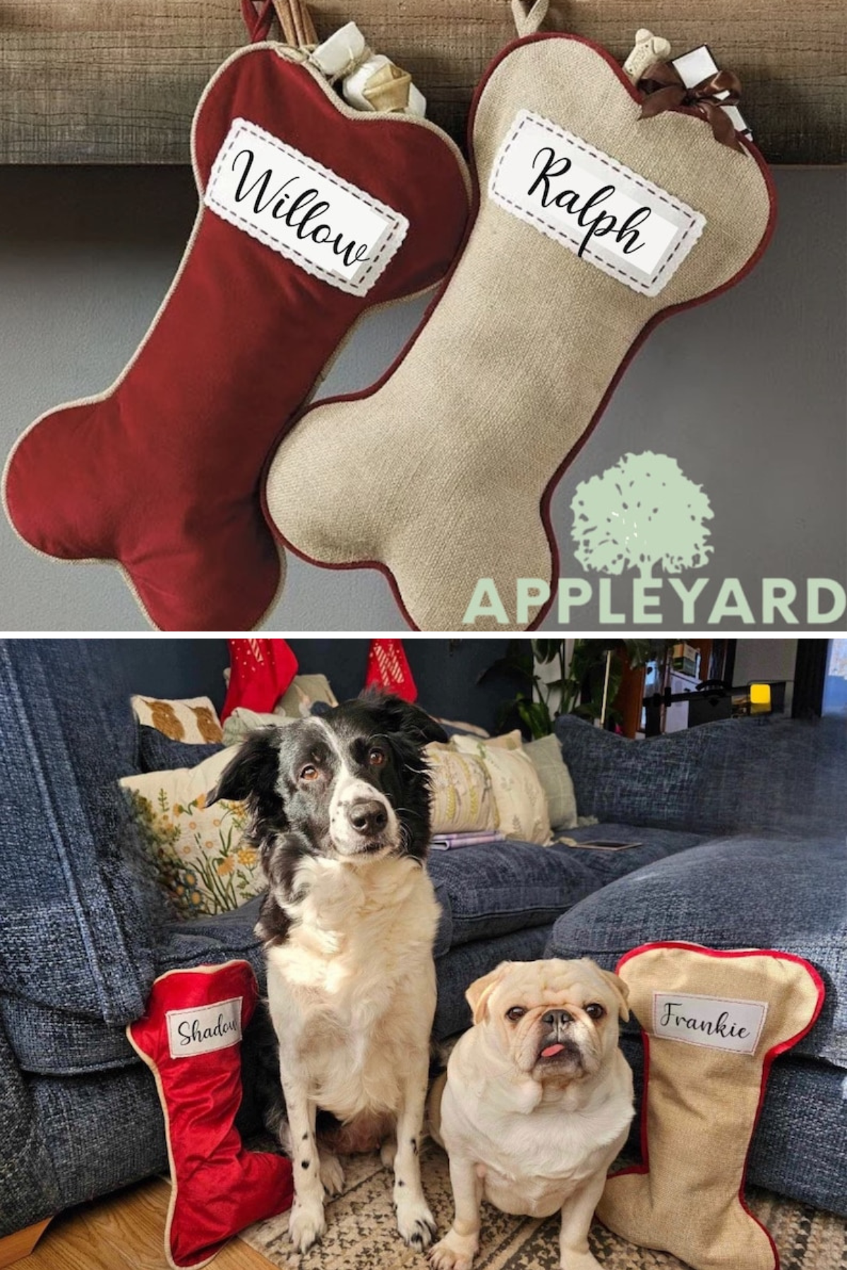 Perfect for the furry members of your family, these bone-shaped stockings come in festive red and beige hues, ready to be personalized with your pet's name for a fun and thoughtful addition to your Christmas decor.