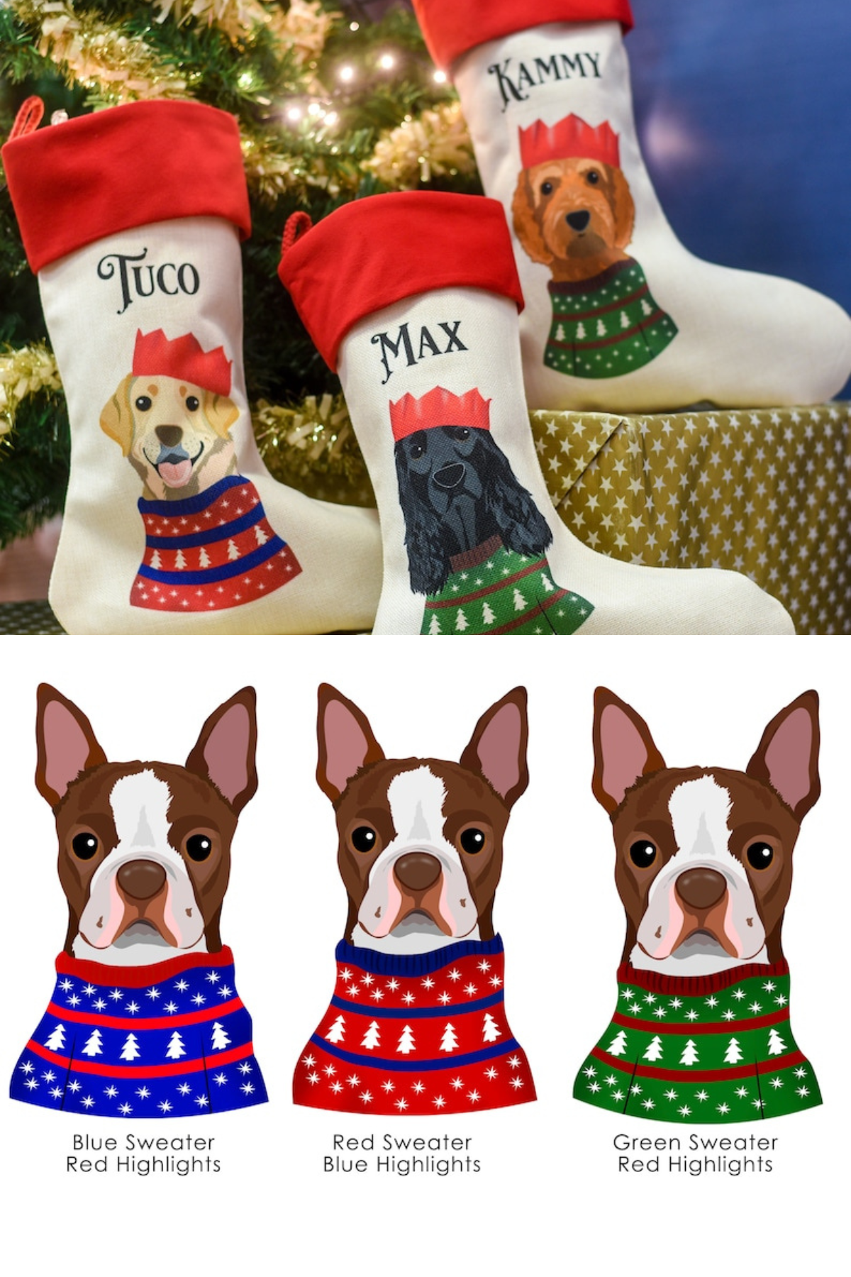 These playful pet-themed stockings feature a custom illustration of your dog in a cozy Christmas sweater, paired with their name, making them an adorable way to celebrate your four-legged friends during the holidays.