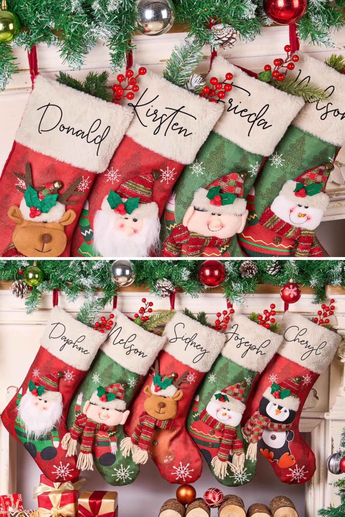 These personalized stockings feature a charming mix of classic Christmas characters like Santa and reindeer, with the option to add your family members' names in elegant script on a soft, plush cuff.