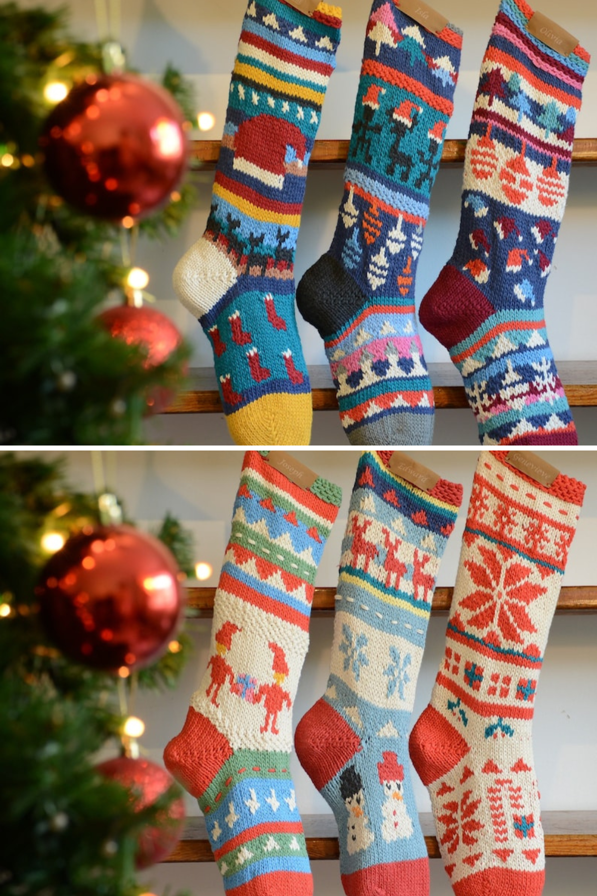 A colorful and cozy collection of hand-knit Christmas stockings, each boasting intricate patterns and festive designs, perfect for adding a touch of warmth and tradition to your holiday decor.