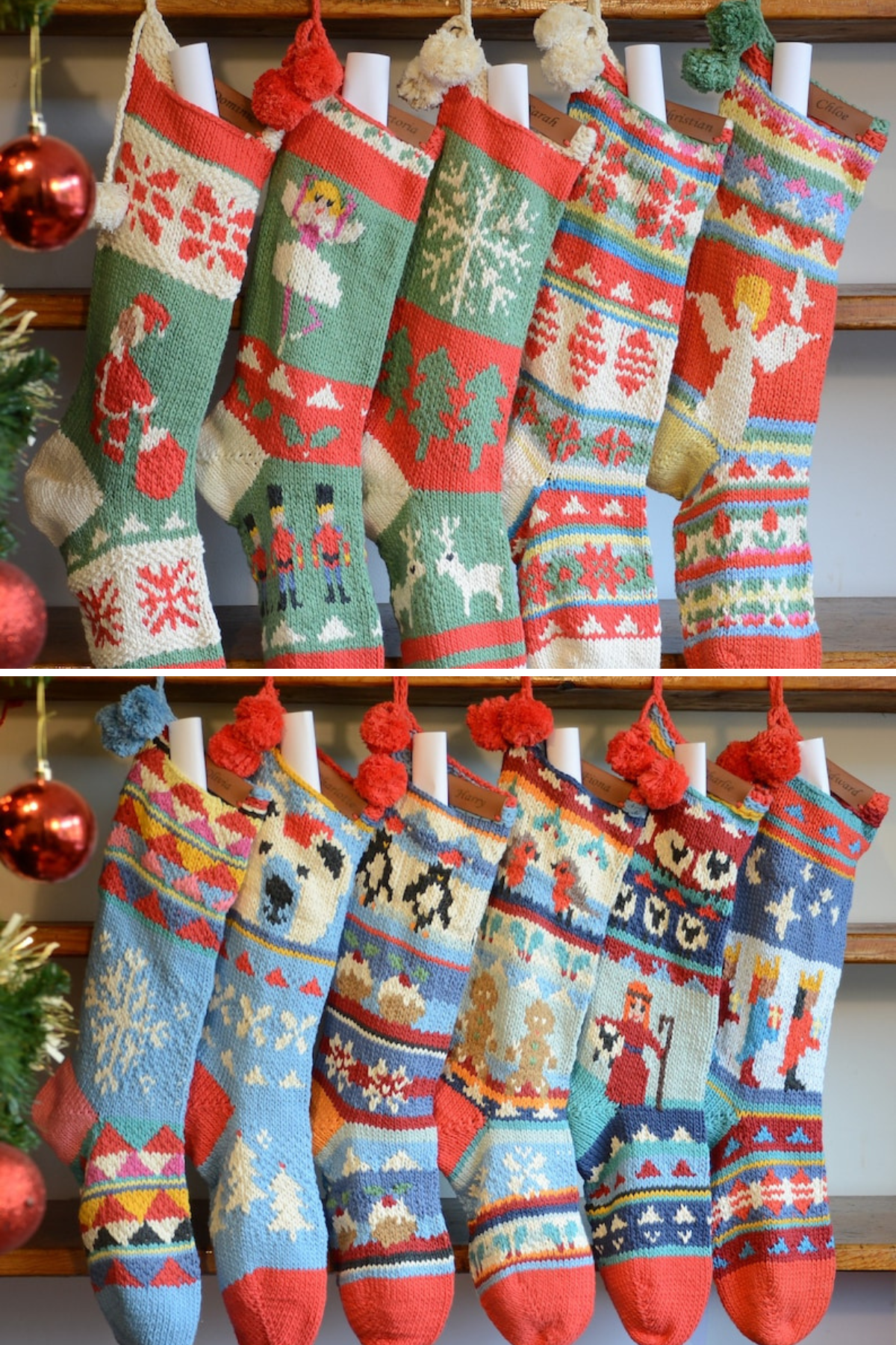 Bright and vibrant, these hand-knit stockings showcase a variety of holiday scenes and playful patterns, capturing the nostalgic spirit of Christmas with a touch of whimsy.