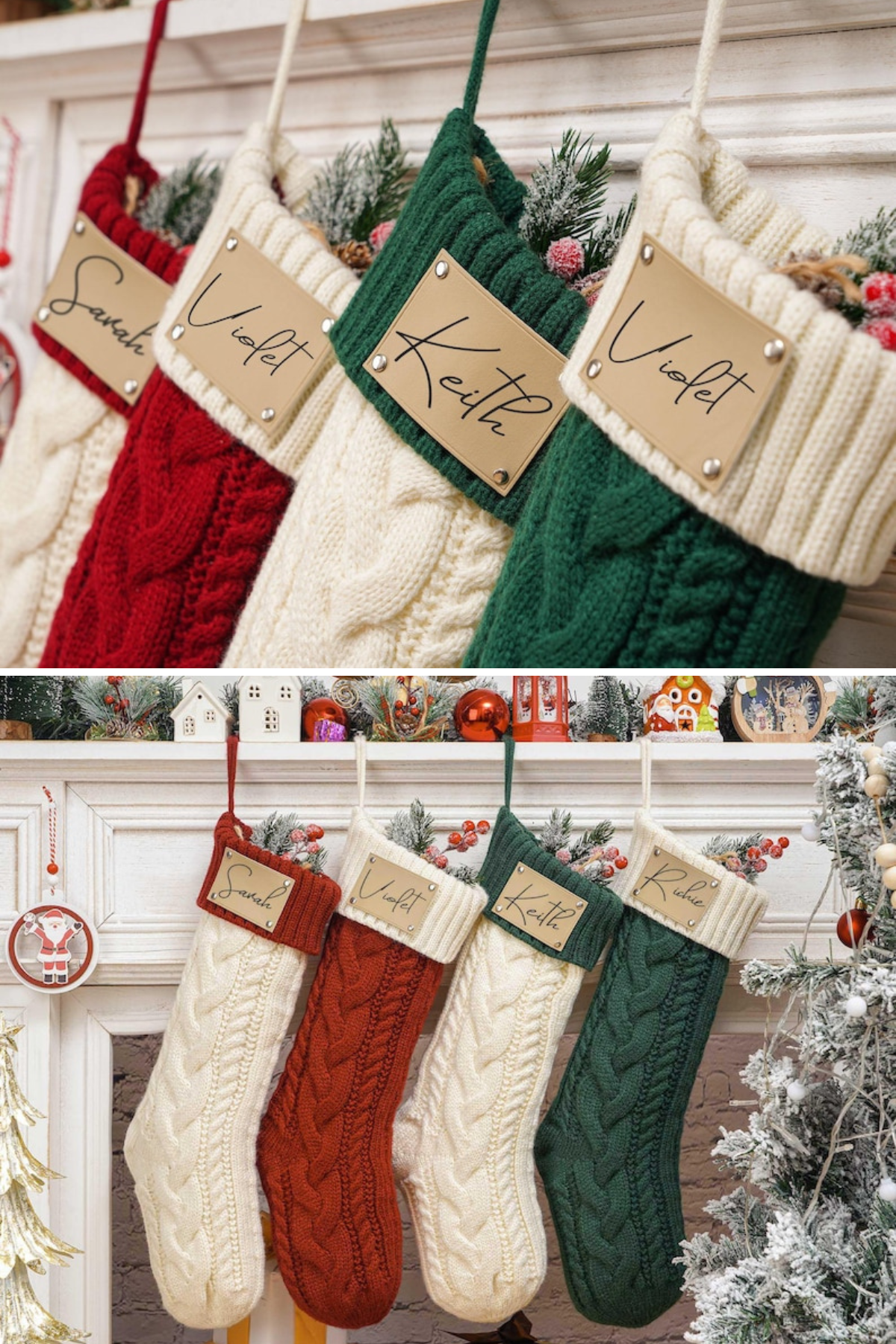 These classic cable-knit stockings bring a cozy, traditional feel to your mantle, with personalized name plates for each family member, adding a personal touch to a timeless design.