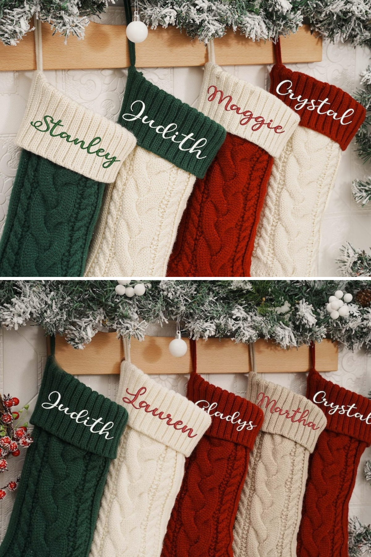 Featuring a vintage-inspired knit design, these stockings are perfect for those who love a classic holiday aesthetic, complete with a personal name in a lovely script font on a cuff.